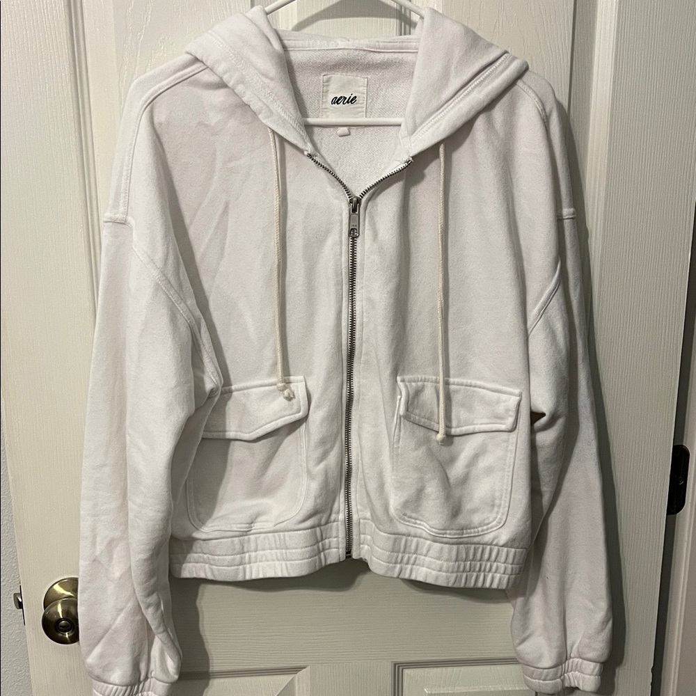 aerie White Zip-Front Hooded Jacket with Pocket Flaps